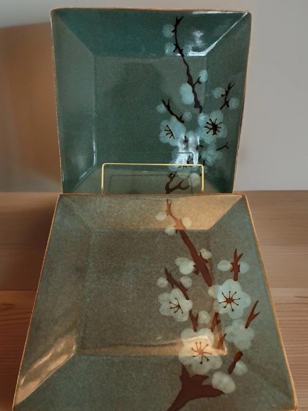 Set of 4 Pier 1 Tranquil Cherry Blossom Square Plates 10.75" Stoneware Rustic